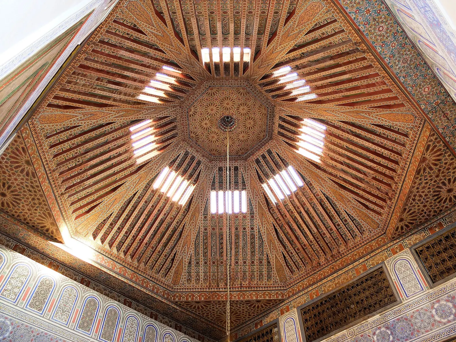 Carved cedar ceiling in a Moroccan house